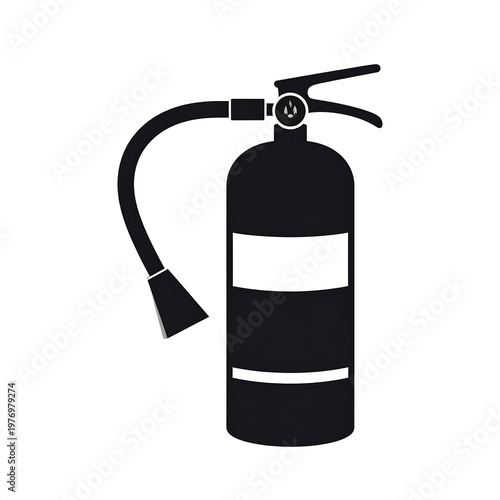 Silhouetted illustration of a fire extinguisher. The emergency device is black with a white rectangular label and nozzle, set against a white background