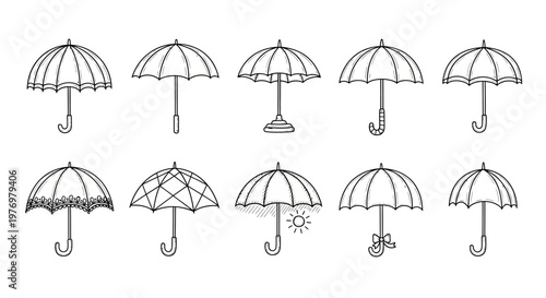 A diverse handdrawn collection of umbrellas in different styles, including classic, ornate, and sun umbrellas, suitable for weatherthemed graphics and decorative purposes.