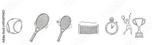 Hand drawn tennis sport essentials featuring rackets, balls, net, stopwatch, a serving player, and a trophy, perfect for sports event promotions and athletic themed designs.