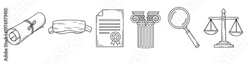 Handdrawn collection of law and justice symbols scroll, blindfold, document, broken column, magnifying glass, and scales, useful for legal, educational, and historical themes.