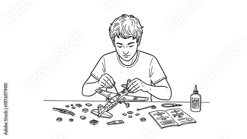 Young boy carefully assembles a plastic model airplane kit with tools and instructions. Ideal for depicting childhood hobbies, concentration, and STEM activities.