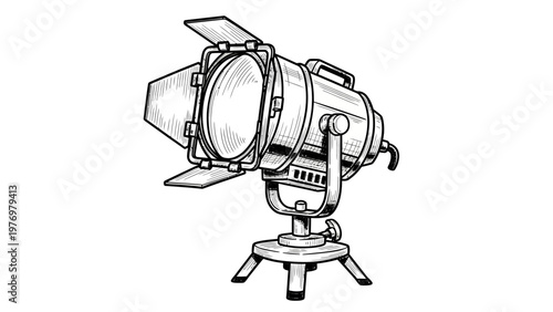 Vintage film studio spotlight sketch on a stand, perfect for entertainment themes, cinema projects, and theater related graphic media.