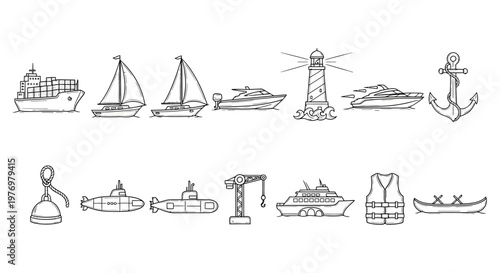 A collection of maritime symbols and vehicles including ships, boats, submarines, and navigation aids, suitable for marine transport and nautical themes.