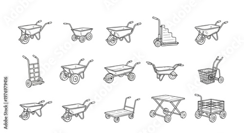 Assortment of hand trucks, wheelbarrows, and utility carts in outline style, ideal for depicting material handling and garden equipment concepts.
