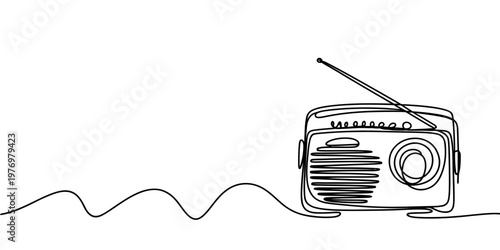 Minimalist drawing of a classic radio with a continuous line representing audio waves, perfect for media and broadcast illustrations.