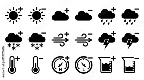 Essential weather and environmental condition icons sun, clouds, rain, snow, wind, lightning, temperature, pressure, liquid. Plus and minus symbols indicate change, ideal for interfaces and reports.