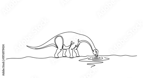 Minimalist continuous line drawing of a sauropod dinosaur drinking from a water source, suitable for educational materials, prehistoric themes, and kids projects.