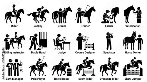 Collection of stick figure icons illustrating various roles in equestrian sports and horse care, ideal for educational materials, presentations, and infographics.