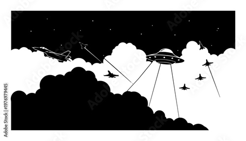 Cuadro en lienzo fighter jets intercepting ufo in night clouds monoline vector outline