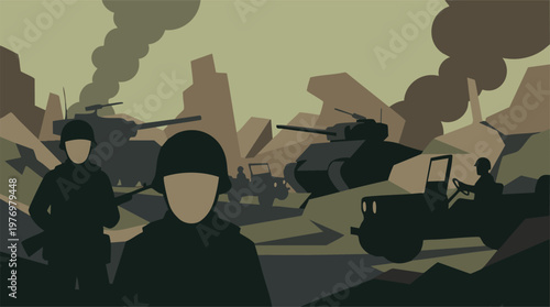 War zone illustration with soldiers, tanks, and military vehicles