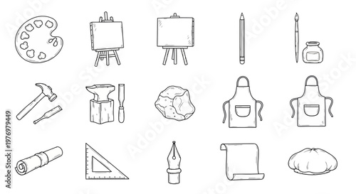 Hand drawn sketch icons of craft tools and art supplies. Perfect for educational materials, creative workshops, hobby content, or illustrating various artistic and crafting processes.