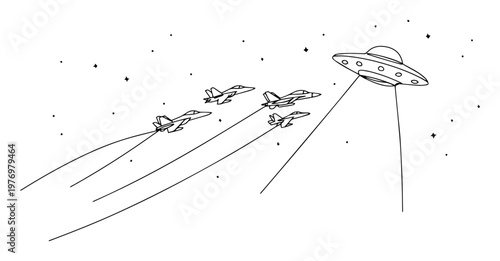 Canvastavla squadron jets firing missiles with ufo in space monoline vector outline