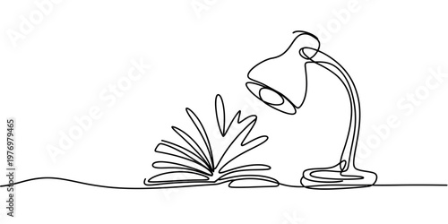 Single line drawing of an open book and desk lamp. Represents education, reading, study, knowledge, and learning. Ideal for academic themes and intellectual pursuits.