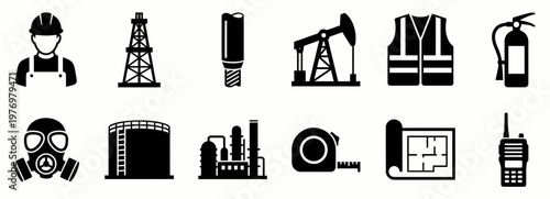 Black and white icons representing the oil and gas industry, construction, and workplace safety, suitable for industrial applications and safety presentations.