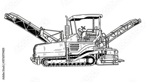 Black and white sketch of a road construction paver with tracks and conveyors. Perfect for showcasing heavy equipment and engineering projects.