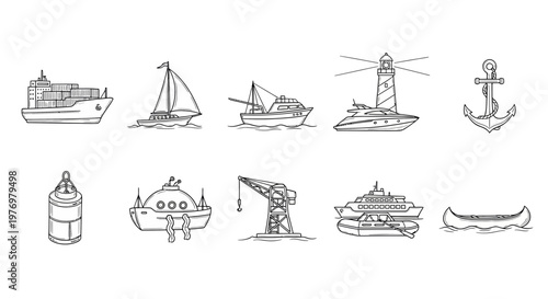 Handdrawn outline icons of diverse maritime vehicles and marine objects like ships, boats, lighthouse, anchor, buoy, and crane, suitable for educational or themed projects.