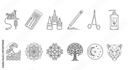 Handdrawn outline icons including tattoo tools, drawing pencil, medical forceps, and mystic symbols like waves, mandalas, tree of life, moon, and geometric panther. Ideal for graphic resources.