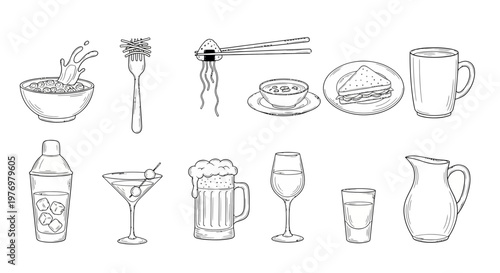 A hand drawn food and drink collection features various meals and beverages, perfect for restaurant, cafe, menu, or recipe book illustrations.
