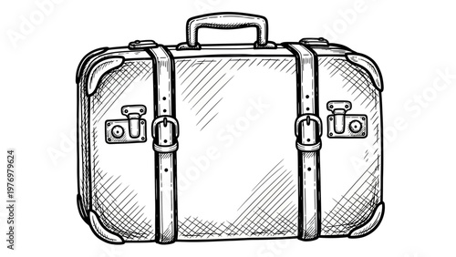 Hand drawn outline of a vintage travel suitcase with buckles and straps, perfect for travel themes, journey concepts, luggage icons, and oldfashioned adventure designs.