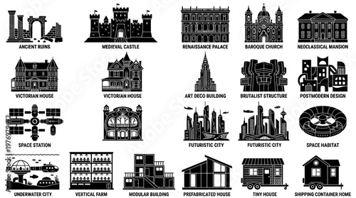 This diverse collection features various architectural styles and housing types, from ancient ruins to futuristic cities and modular homes, perfect for educational materials and urban development.