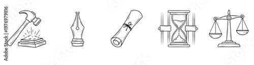 Handdrawn legal icons depicting hammer, pen, scroll, hourglass, and scales of justice, perfect for conveying themes of law and order.
