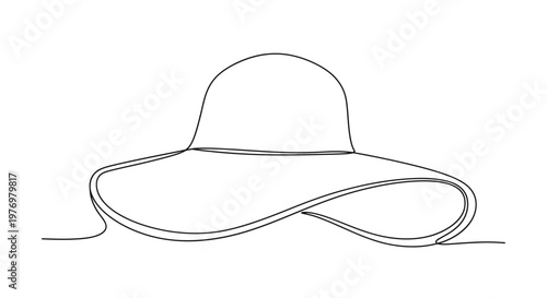 Simple continuous line drawing of a widebrimmed sun hat, ideal for summer vacation, beach travel, and relaxation themed graphics or apparel design.