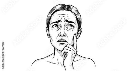 Handdrawn monochrome illustration of a woman showing worry, stress, or exhaustion, touching her face. Ideal for conveying emotional distress, aging, or skincare issues in health and wellness content.