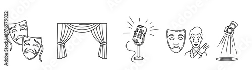 Handdrawn theatrical and entertainment icons featuring drama masks, stage curtains, microphone, performer, and spotlight, perfect for event promotion, web graphics, and educational resources.