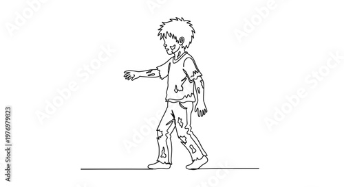 Single line drawing of a walking zombie boy in ragged clothes, perfect for Halloween themed designs, horror event promotions, or spooky graphic overlays.