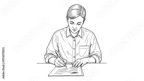 Focused person signing or writing important documents at a desk, ideal for representing work, agreements, or legal processes in a clear line art style.