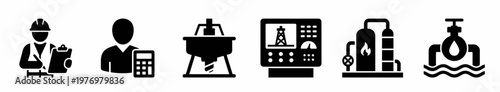 Industrial icons representing oil and gas industry processes exploration, finance, drilling, control, refining, and transport. Ideal for energy sector visuals.