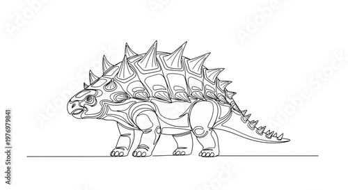 Minimalistic continuous line drawing of an armored dinosaur, resembling an Ankylosaurus, ideal for educational resources and prehistoric themed childrens activities.