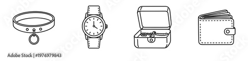 Collection of minimal line icons depicting various personal accessories including a collar, wrist watch, open jewelry box with necklace, and a wallet, useful for digital media.