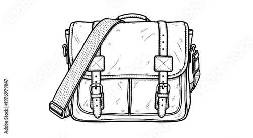 Detailed handdrawn sketch of a messenger bag, showcasing its classic design with buckles and strap. Perfect for various design and print applications.