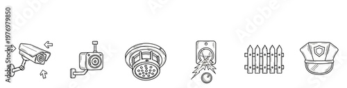 Handdrawn line art depicting security and safety equipment surveillance cameras, smoke detector, alarm, fence, and guard cap. Ideal for safety system diagrams and informational graphics.