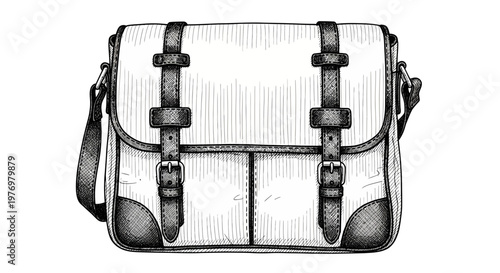 Detailed hand drawn illustration of a vintage messenger bag, ideal for fashion, travel, or educational projects.