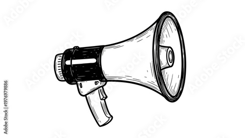 Hand drawn megaphone symbolizing announcement, public address, and important message. Ideal for marketing, news, or communication related projects, conveying urgency and widespread reach.