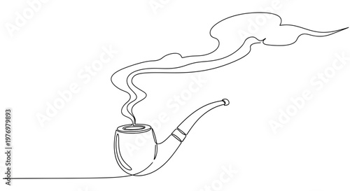 Elegant one line drawing of a smoking pipe with wispy smoke. Ideal for branding, sophisticated logos, web graphics, or vintage themed projects.