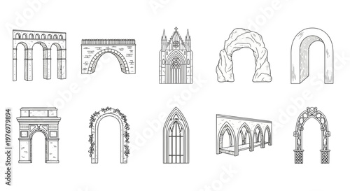Collection of handdrawn architectural arches including Roman, gothic, natural, and modern designs, ideal for building, history, or landscape visual projects.