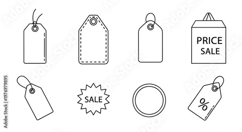 A comprehensive vector collection of price tags and sale labels, including percentage discounts and shopping bags, perfect for retail, ecommerce, and promotional graphics.