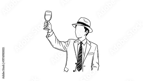 Elegant gentleman in a suit and hat making a toast with a wine glass, symbolizing celebration, success, and special occasions, ideal for event invitations or promotions.