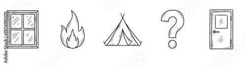 Hand drawn icons featuring a window, fire, tent, question mark, and door offer simple visual elements for conceptual graphic projects and educational materials.