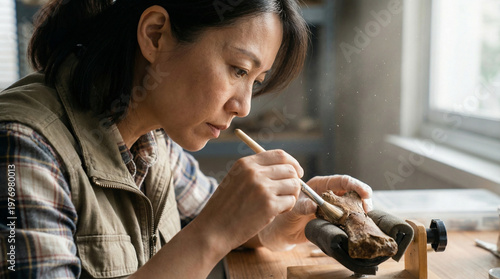 Paleontologist carefully cleaning a dinosaur skeleton fragment with a brush in a sunlit workshop, showcasing detailed fossil preservation work