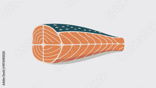 A vibrant illustration of a salmon fillet with white lines and a dark blue skin on a plain background