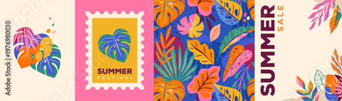 Exotic summer sale backgrounds with colorful jungle leaves. Modern tropical banner and poster vector templates.