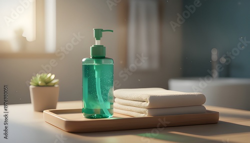 A bottle of hand soap and folded towels on a wooden tray in a modern bathroom with natural light