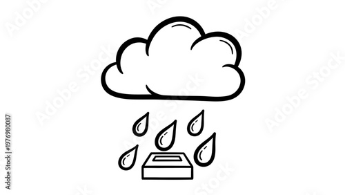 Outline drawing of a cloud raining into a box, symbolizing water harvesting, conservation, and sustainable resource management for environmental themes and education.