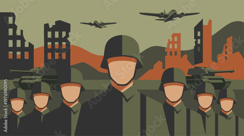 Stylized illustration of soldiers, tanks, and airplanes in a war-torn city
