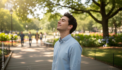 A young man enjoying a peaceful moment in a park on a sunny day