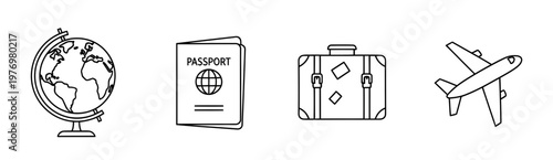 Collection of travel themed line icons including globe, passport, suitcase, and airplane, perfect for journey related concepts.